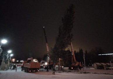 Сегодня ночью в Уфе установили елку на площади Ленина